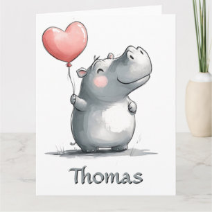 Cartão Hippo Bonito com Ilustração de Balão de Coração