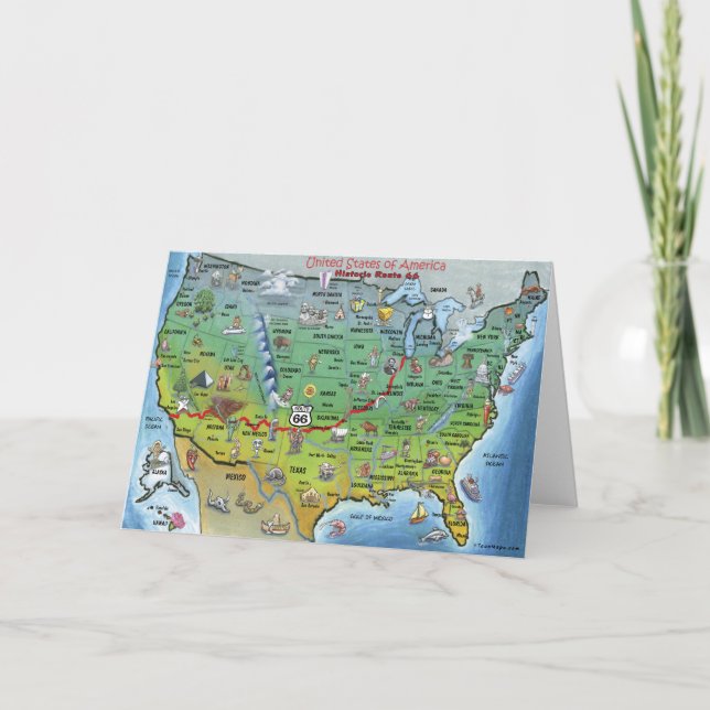 Cartão Historic Route 66 Cartoon Map (Frente)
