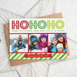 Cartão Ho Ho Ho Photo Collage Modern Holiday<br><div class="desc">Um design de cartão com fotos de Natal moderno e bonito apresenta uma colagem de fotos com espaço para 3 fotos de sua família e uma tipografia química colorida divertida que lê Ho Ho Feliz Natal de Nossa Família para a Sua com uma ousada borda listrada no fundo. Personalize a...</div>