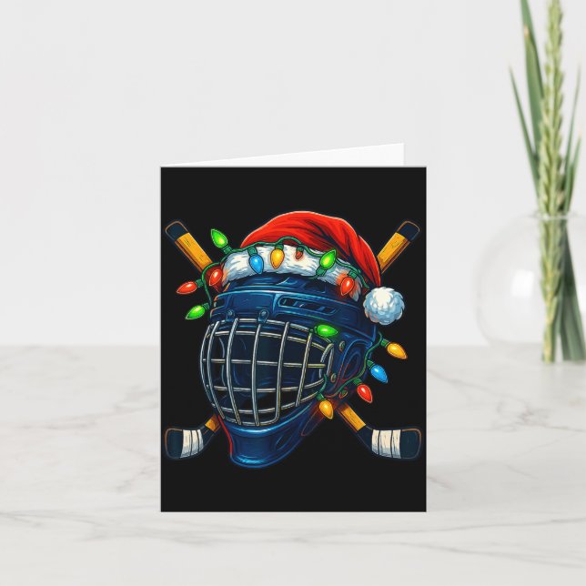 Cartão Hockey Helmet Christmas Lights Santa Hat Design Xm (Frente)