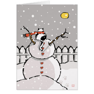 Cartão Holiday Cat Sentado em Snowman Snowman Night