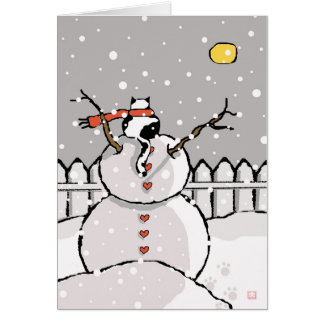Cartão Holiday Cat Sentado em Snowman Snowman Night