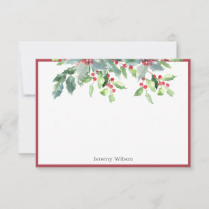 Cartão Holiday Greenery Holly Plant Red Nota Personalizad