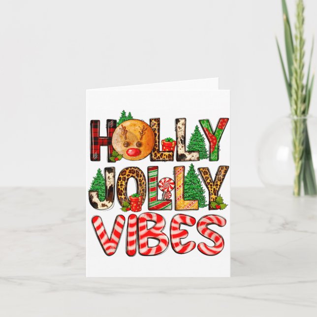 Cartão Holly A Jolly Vibes Reindeer Christmas Trees Light (Frente)