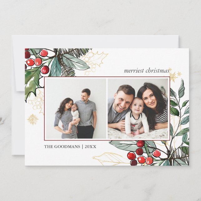 Cartão Holly Berries descreveu as fotos de Natal 2 Feriad (Frente)