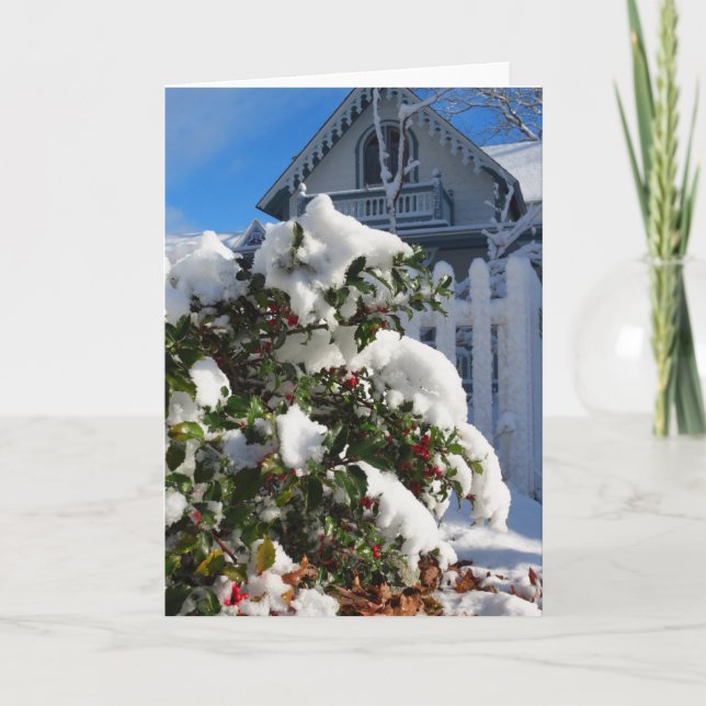 Cartão Holly Berries em neve - Martha's Vineyard (Frente)