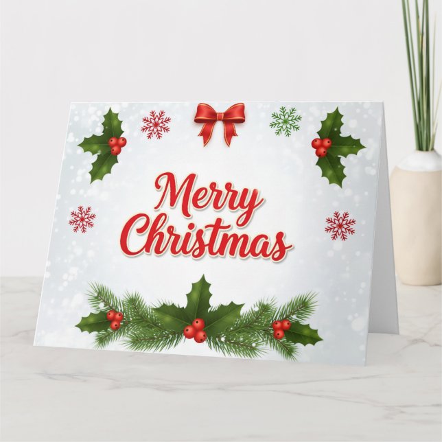 Cartão Holly & Snowflakes Merry Christmas Card (Frente)