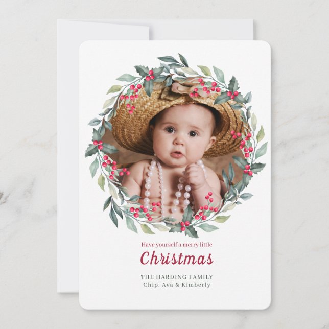 Cartão Holly Wreath Photo Holiday (Frente)