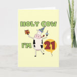 Cartão Holy Cow I'm 21 Birthday Tshirts and Gifts<br><div class="desc">Text reads "Holy Cow I'm 21" on 21st birthday T-shirts,  mugs,  cards,  buttons,  magnets,  postage stamps,  and other 21st birthday apparel and gifts with a cute cartoon cow in a party hat holding a birthday gift and birthday cupcake!</div>