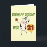 Cartão Holy Cow I'm 21 Birthday Tshirts and Gifts<br><div class="desc">Text reads "Holy Cow I'm 21" on 21st birthday T-shirts,  mugs,  cards,  buttons,  magnets,  postage stamps,  and other 21st birthday apparel and gifts with a cute cartoon cow in a party hat holding a birthday gift and birthday cupcake!</div>