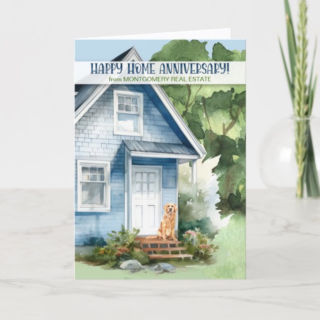 Cartão Home Anniversary Realtor Blue House and Dog Custom (Frente)