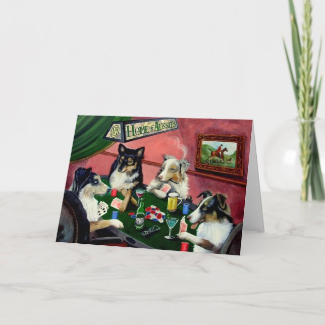 Cartão Home of Aussies 4 Dogs Playing Poker Greeting Card (Frente)