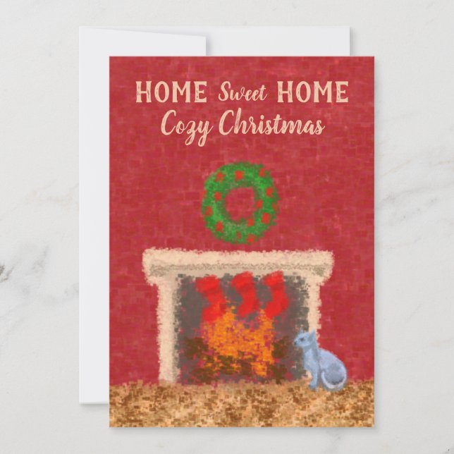 Cartão Home Sweet Home Cozy Lareira de Natal Red Wall (Frente)