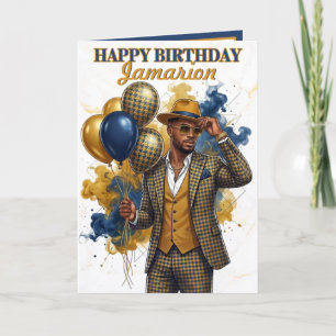 Cartão Homem Negro Elegante Aniversário Azul Mostarda