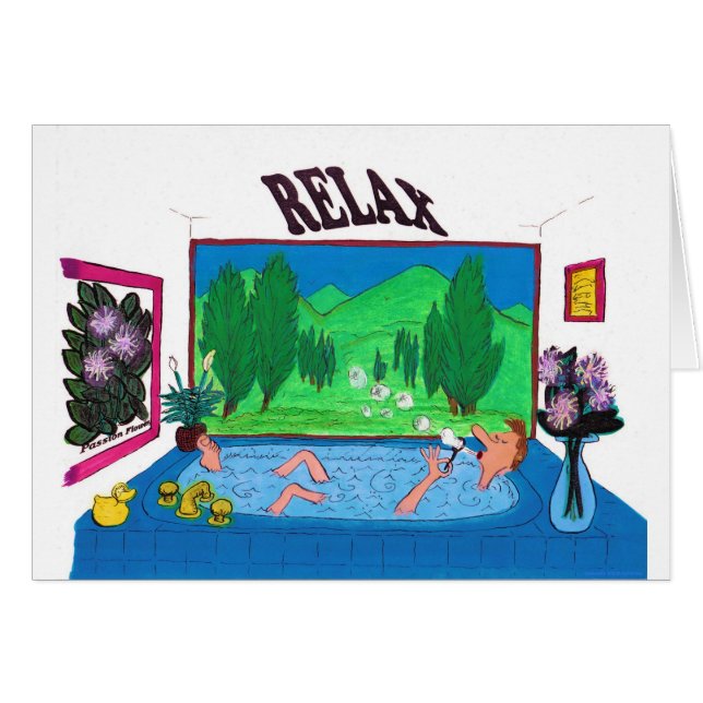 Cartão Homem que relaxa em bolhas de sopro de uma (Frente Horizontal)