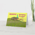 Cartão Hoppy Birthday Brother, Frog Birthday Party<br><div class="desc">Bright and colorful birthday card for a brother. Card has a nature theme of a frog on a large Hosta leaf. Digital elements added to the festive scene include a party hat, and party favor horn with shooting streamers and stars in various colors. Art, image, and verse copyright © Shoaff...</div>