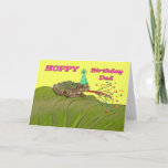 Cartão Hoppy Birthday for Dad, Frog Birthday Party<br><div class="desc">Bright and colorful birthday card for dad / father. Card has a nature theme of a frog on a large Hosta leaf. Digital elements added to the festive scene include a party hat, and party favor horn with shooting streamers and stars in various colors. Art, image, and verse copyright ©...</div>