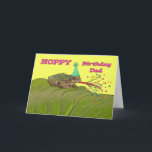 Cartão Hoppy Birthday for Dad, Frog Birthday Party<br><div class="desc">Bright and colorful birthday card for dad / father. Card has a nature theme of a frog on a large Hosta leaf. Digital elements added to the festive scene include a party hat, and party favor horn with shooting streamers and stars in various colors. Art, image, and verse copyright ©...</div>