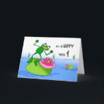 Cartão Hoppy Fourth Birthday, Funny Frog at Pond<br><div class="desc">A funny and happy frog on a lily pad is featured on the cover of this I'm so Hoppy You're 4 birthday card. Cartoon illustration in greens,  pinks,  and blues. Frog element courtesy of OpenClipArt. Image and verse copyright © 2014,  Shoaff Ballanger Studios.</div>