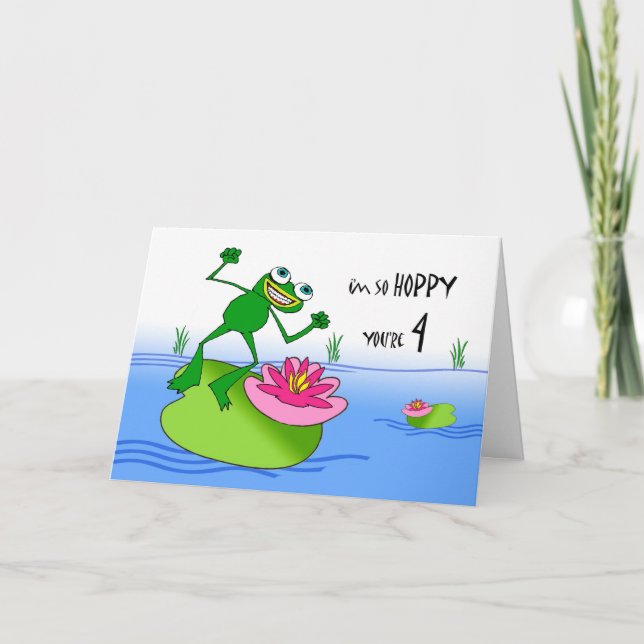 Cartão Hoppy Fourth Birthday, Funny Frog at Pond (Frente)