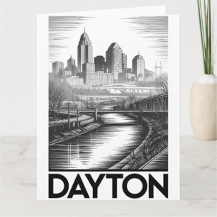 Cartão Horizonte de Dayton Ohio Preto Branco Xilogravura