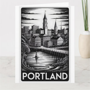 Cartão Horizonte de Portland Maine Preto e Branco Xilogra