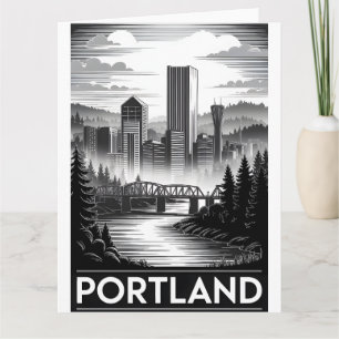 Cartão Horizonte de Portland Oregon Preto e Branco Xilogr