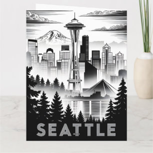 Cartão Horizonte de Seattle Washington Preto Branco Xilog