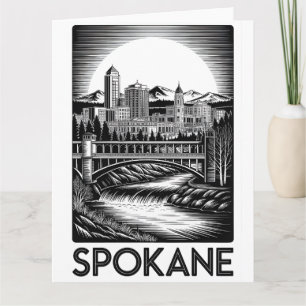 Cartão Horizonte de Spokane Washington Preto Branco Xilog