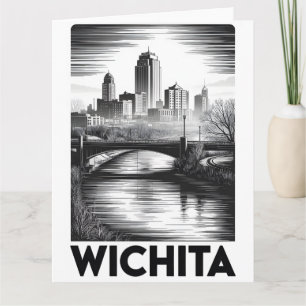 Cartão Horizonte de Wichita Kansas Preto e Branco Xilogra