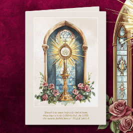 Cartão Hóstia Eucarística Católica Custódia Dourada Rosas