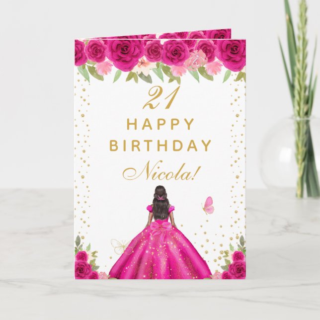 Cartão Hot Pink Floral Dark Skin Girl Birthday (Frente)