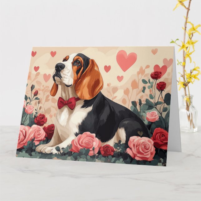 Cartão Hound Basset com Rosas - Dia de os namorados (Flor Amarela)