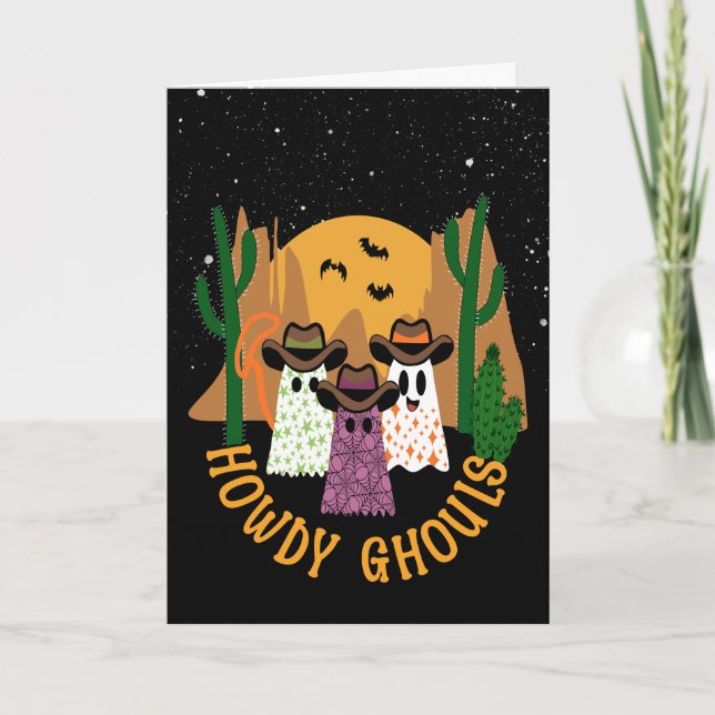 Cartão Howdy Ghouls Halloween Ghost Cowboy (Frente)