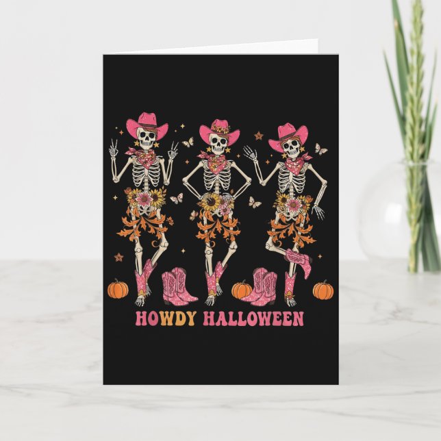 Cartão Howdy Western Skeleton Cowgirls Dancing Halloween  (Frente)