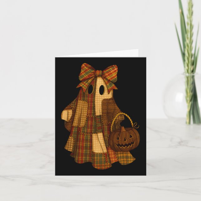 Cartão Hugvyn Halloween Preppy Patchwork Ghost Spooky Fal (Frente)
