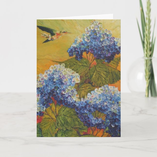 Cartão Hummingbird and Blue Hydrangea Greeting Card (Frente)