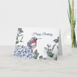 Cartão Hummingbird Blue Hydrangea Watercolor Aniversário