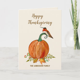 Cartão Hummingbird e Pumpkin em Ação de Graças Personaliz