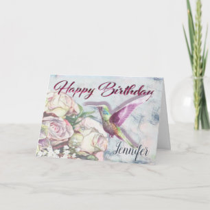 Cartão Hummingbird Flowers and Happy Birthday Name