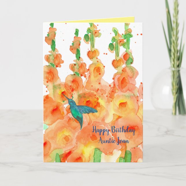 Cartão Hummingbird Hollyhocks Happy Birthday Aunt (Frente)