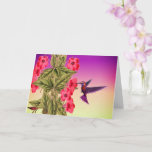 Cartão Hummingbird Red Flowers Birthday Card<br><div class="desc">A hummingbird sips nectar from bright red flowers against a purple to green shaded background on this birthday card for a special friend.</div>