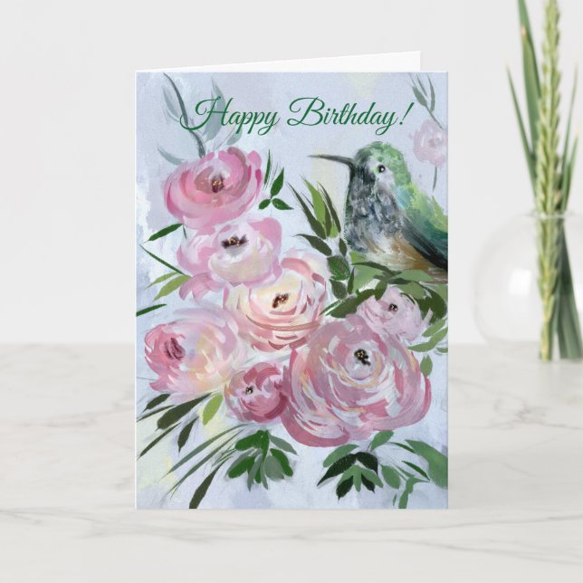 Cartão Hummingbird & Roses Birthday Greeting Card (Frente)