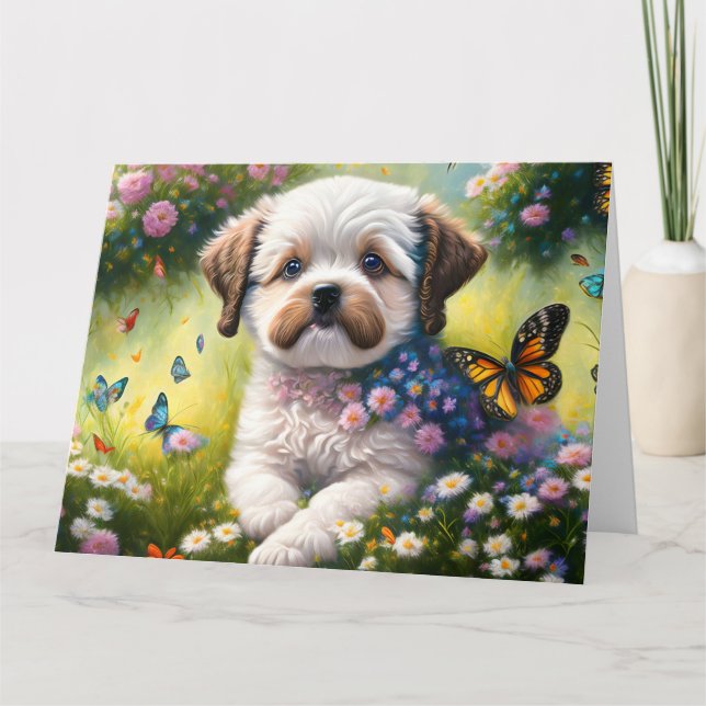 Cartão Hund in Blumenwiese mit Schmetterlingen (Frente)