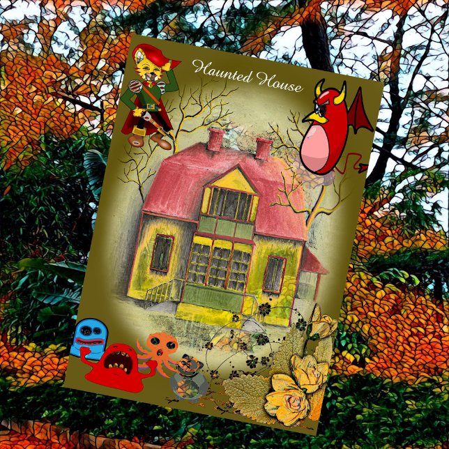 Cartão Hunted House Fantasmas Halloween Whimsical (Haunted House Halloween Ghosts Card)