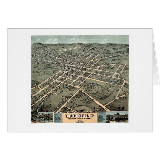 Cartão Huntsville, mapa panorâmico do AL - 1871 (Frente Horizontal)