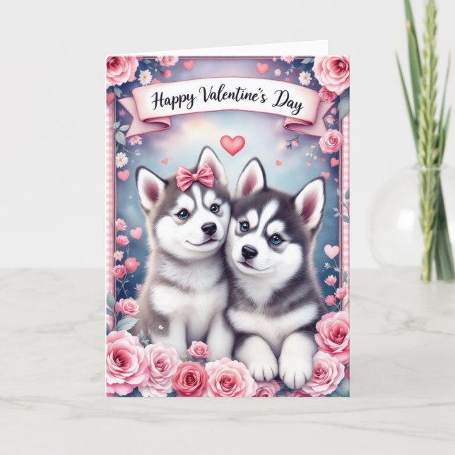 Cartão Husky Puppy Dogs Valentine's Day Greeting Card (Frente)