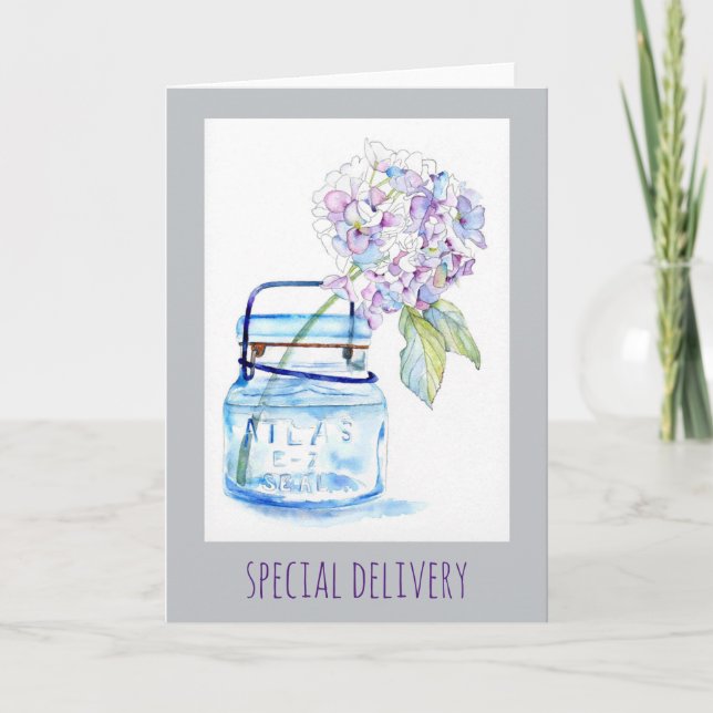 Cartão Hydrangea na placa dobrada Jar Watercolor 5x7 (Frente)