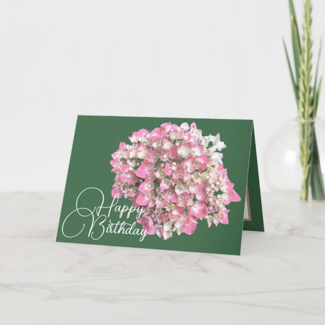 Cartão Hydrangea verde-rosa-branca Aniversário feliz (Frente)