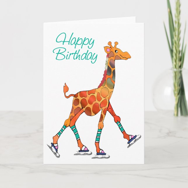 Cartão Ice Skating Giraffe Birthday (Frente)